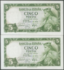 5 Pesetas. 24 de Julio de 1954. Pareja correlativa. Serie S. (Edifil 2017: 466a). Apresto original. SC.