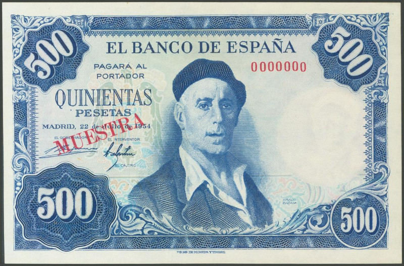 500 Pesetas. 22 de Julio de 1954. MUESTRA y numeración 0000000. (Edifil 2017: 46...