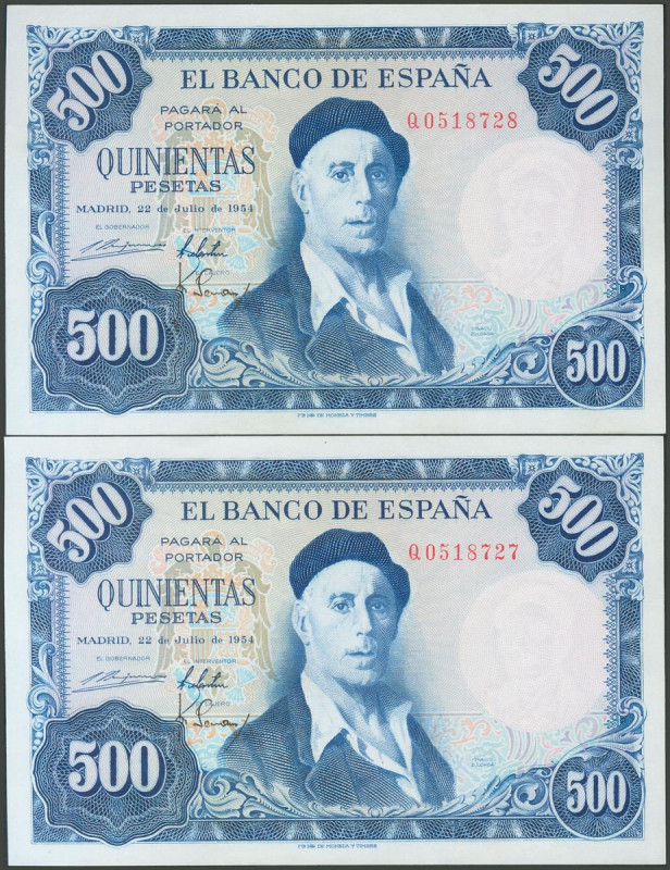 500 Pesetas. 22 de Julio de 1954. Pareja correlativa. Serie Q. (Edifil 2017: 468...