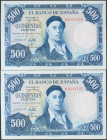 500 Pesetas. 22 de Julio de 1954. Pareja correlativa. Serie Q. (Edifil 2017: 468b). Conserva todo su apresto original. SC.