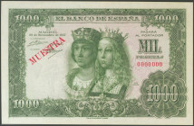 1000 Pesetas. 29 de Noviembre de 1957. MUESTRA y numeración 0000000. (Edifil 2017: 469M). Apresto original. SC.