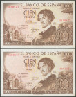 100 Pesetas. 19 de Noviembre de 1965. Pareja correlativa. Sin serie. (Edifil 2017: 470). Conserva todo su apresto original. SC.