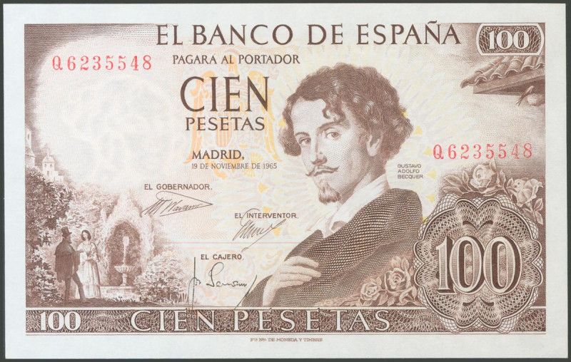 100 Pesetas. 19 de Noviembre de 1965. Serie Q. (Edifil 2017: 470a). Apresto orig...