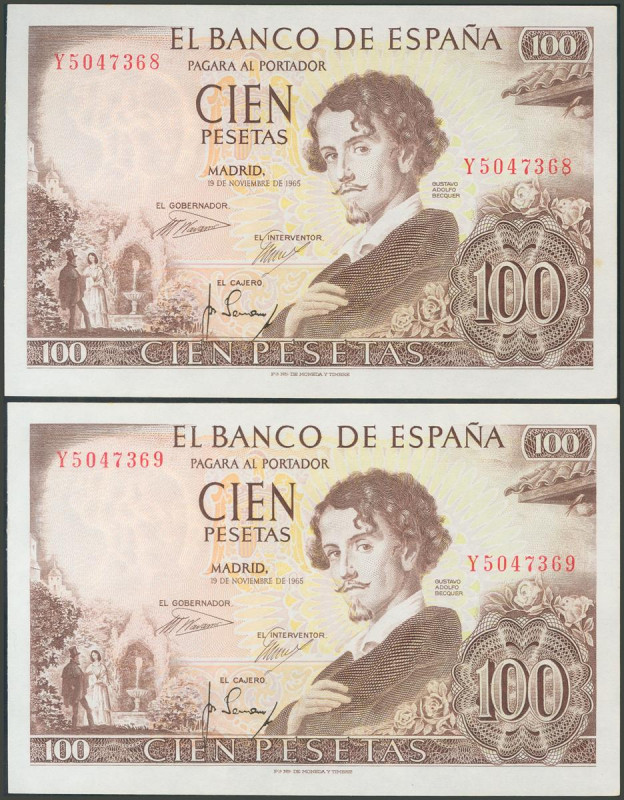 100 Pesetas. 19 de Noviembre de 1965. Pareja correlativa. Serie Y. (Edifil 2017:...