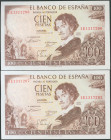 100 Pesetas. 19 de Noviembre de 1965. Pareja correlativa. Serie 1E. (Edifil 2017: 470a). Apresto original. SC.