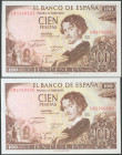100 Pesetas. 19 de Noviembre de 1965. Pareja correlativa. Serie 1M. (Edifil 2017: 470a). Apresto original. SC.