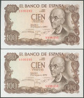 100 Pesetas. 17 de Noviembre de 1970. Pareja correlativa. Sin serie. (Edifil 2017: 472). Conserva todo su apresto original. SC.