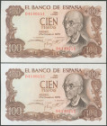 100 Pesetas. 17 de Noviembre de 1970. Pareja correlativa. Serie D. (Edifil 2017: 472a). Apresto original. SC.
