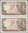 100 Pesetas. 17 de Noviembre de 1970. Pareja correlativa. Serie 1R. (Edifil 2017: 472b). Apresto original. SC.