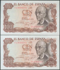 100 Pesetas. 17 de Noviembre de 1970. Pareja correlativa. Serie 7L. (Edifil 2017: 472b). Apresto original. SC.