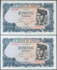 500 Pesetas. 23 de Julio de 1971. Pareja correlativa. Sin serie. (Edifil 2017: 473). Apresto original. SC/SC-.