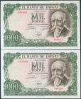 1000 Pesetas. 17 de Abril de 1971. Pareja correlativa. Sin serie. (Edifil 2017: 474). Conserva parte de su apresto original. SC.
