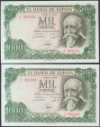 1000 Pesetas. 17 de Abril de 1971. Pareja correlativa. Serie J. (Edifil 2017: 474b). Apresto original. EBC+.