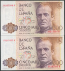 5000 Pesetas. 23 de Octubre de 1979. Pareja correlativa. Serie J-B. (Edifil 2017: 478). SC.