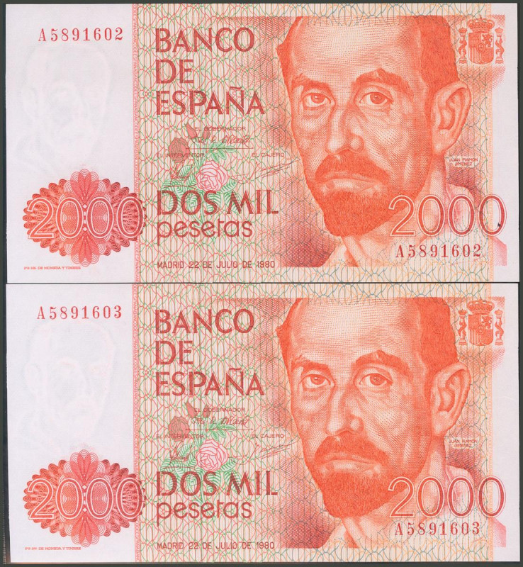 2000 Pesetas. 22 de Julio de 1980. Pareja correlativa. Serie A. (Edifil 2017: 47...