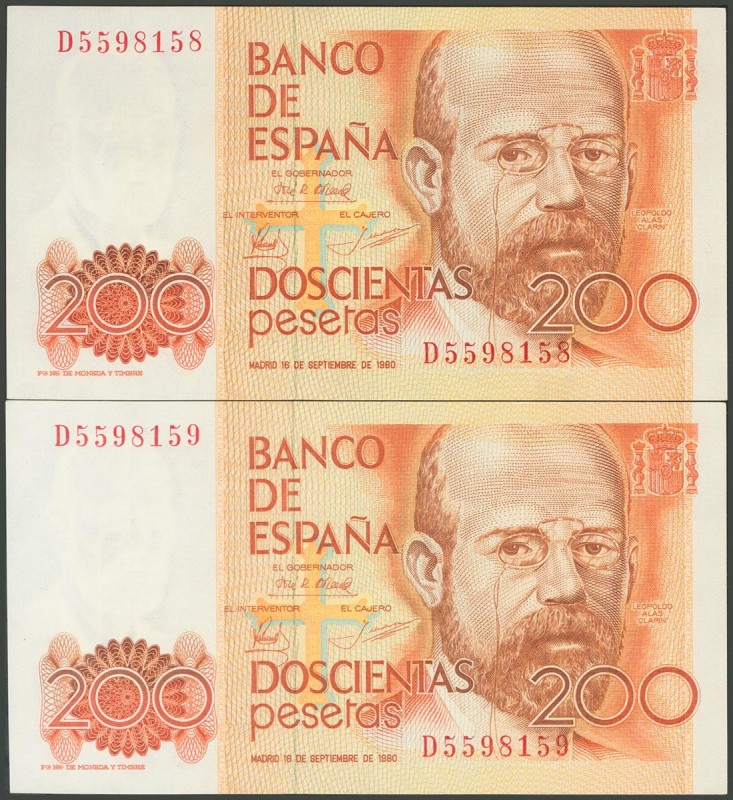 200 Pesetas. 16 de Septiembre de 1980. Pareja correlativa. Serie D. (Edifil 2017...