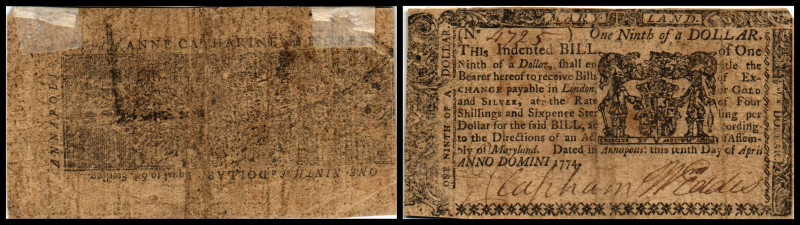 Colonial Currency
USA, Maryland. 1/9 Dollar, 1774. Serie -.
Fr. MD-60
Klebereste...