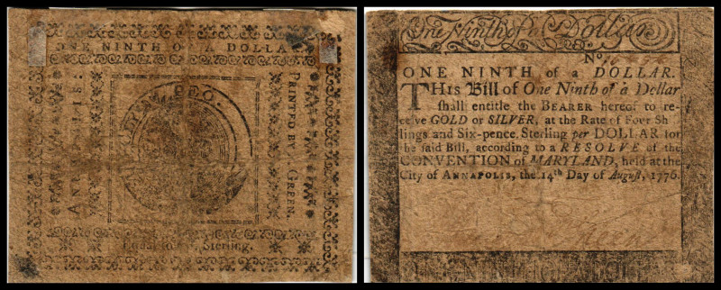 Colonial Currency
USA, Maryland. 1/9 Dollar, 1776. Serie -.
Klebereste im Rv.
IV