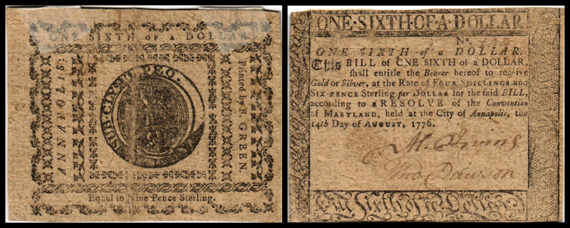 Colonial Currency
USA, Maryland. 1/6 Dollar, 1776. Serie -.
Fr. CC-19.
Kleberest...