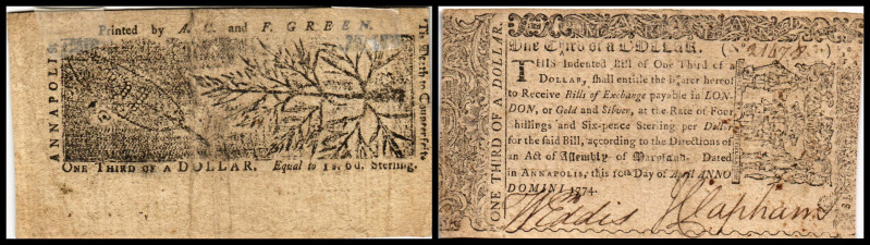 Colonial Currency
USA, Maryland. 1/3 Dollar, 1774. Serie FG.
Fr. MD-63
Kleberest...