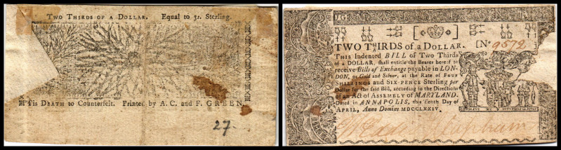 Colonial Currency
USA, Maryland. 2/3 Dollar, 1774. Serie JG.
Fr. MD-66
Kleberest...