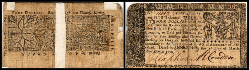 Colonial Currency
USA, Maryland. 4 Dollar, 1770. Serie T.
Fr. MD-56
Klebereste i...