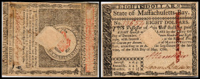 Colonial Currency
USA, Massachusetts. 8 Dollar, 1780. Serie -.
Fr. MA-284
Klebereste im Rv., entwertet.
III