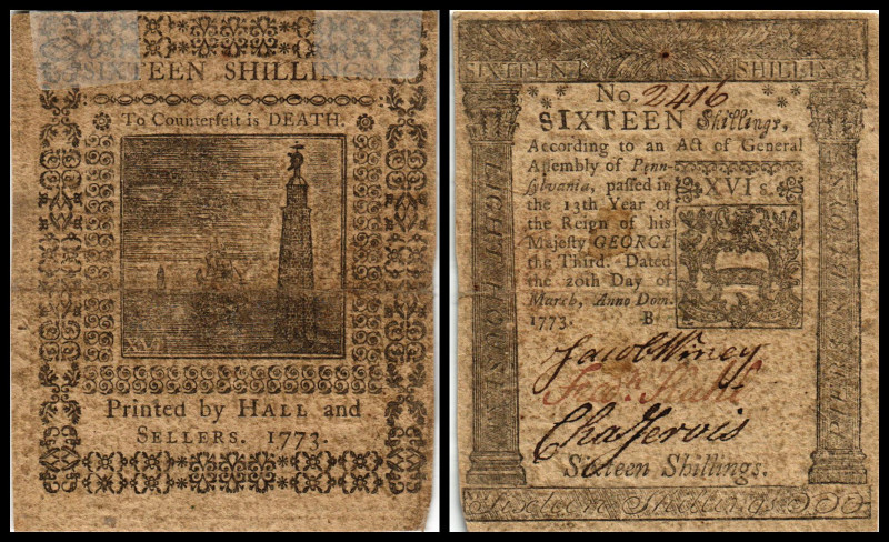 Colonial Currency
USA, Pennsylvenia. 16 Shillings, 1773. Serie B.
Fr. PA-162
Kle...