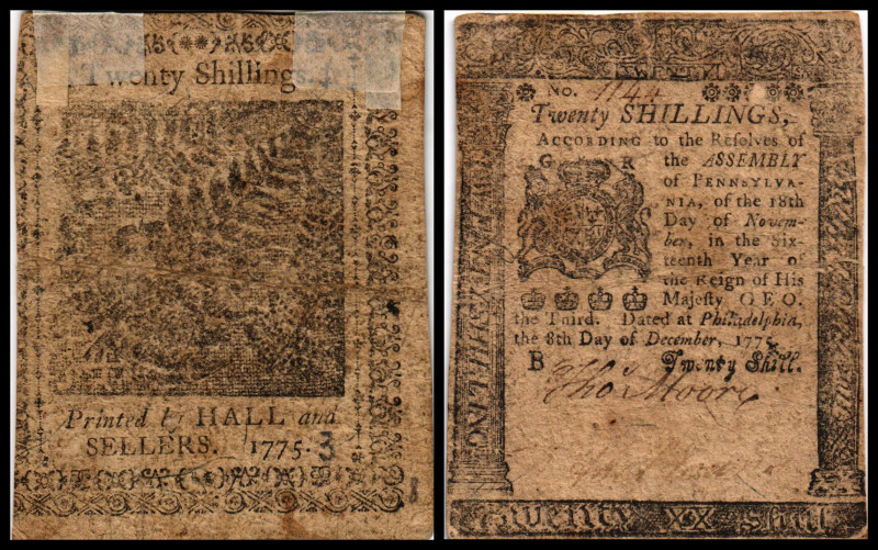 Colonial Currency
USA, Pennsylvenia. 20 Shillings, 1775. Serie B.
Fr. PA-206
Kle...