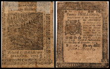 Colonial Currency
USA, Pennsylvenia. 20 Shillings, 1775. Serie B.
Fr. PA-206
Klebereste im Rv.
IV