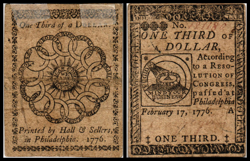 Colonial Currency
USA, Philadelphia. 1/3 Dollar, 1776. Serie A.
Fr. CC-20.
Klebe...