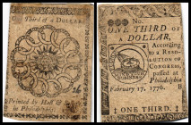 Colonial Currency
USA, Philadelphia. 1/3 Dollar, 1776. Serie B.
Fr. CC-20.
Klebereste im Rv.
II - III