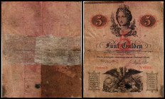 Franz Joseph I. 1848 - 1916
Kaisertum Österreich 1804 - 1918. 5 Gulden, 1859. Nationalbank, Ausgegeben 01.05., Serie : N - No. 685137. Auf dickem rote...