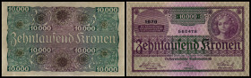 10.000 Kronen, 1924
1. Republik 1918 - 1938. Österreichische Nationalbank, 3 Stück, Ausgabe 2. Jänner. Künstner 175a, Pick 222.
I
