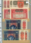 Aufdruck Deutschösterreich (altes Datum)1920. Lot 19 Stück auf 3 Seiten, DÖ von 1K bis 100K mit diversen Varianten wie Farbe oder DÖ nach links, recht...