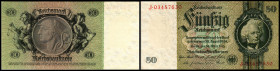 Kriegsdruck (ausgegeben ab 1945, WZ Tulpen). Lot 2 Stück, 50 RM 1933, Ser.J,M, Richter-245b, K&K-196d, Gr-182d. I