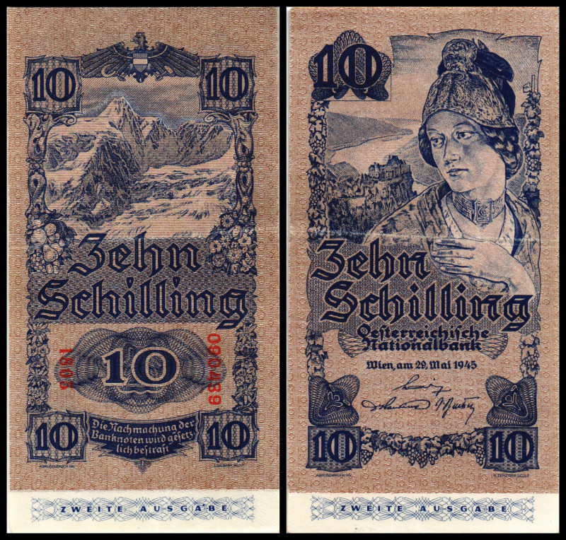 10 Schilling 29.5.1945, Zweite Ausgabe, Serie ZT schmal, Richter-270b, K&K-225b....