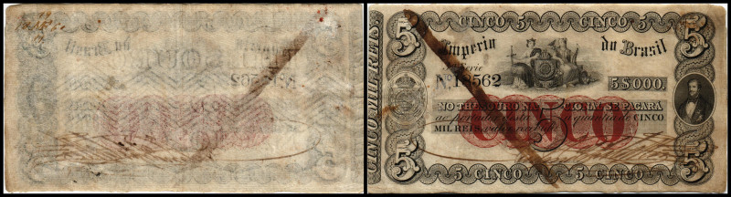 5 Mil Reis (1860/68) Ser.3a, P-A237, Entwertungsquerstrich. III+