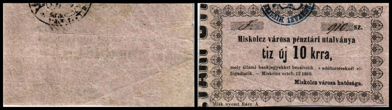 Miskolcz, Stadt. Lot 8 Stück, 2x10 (WZ schmal, 4x10 (WZ breit) 25 krra 12.10.186...