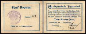 Jägerndorf, Schlesien, Stadt u. Bezirksstraßenausschuß. Lot 8 Stück, 4x10K, je 2x50h,1K, 7./8.6.1914, 5xgelocht, Richter-56. I/IV