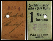 Malá Chyska – (Kleinchyschka) Böhmen, Gemeinde. Lot 4 Stück, o.D.(1914) 1Krone Vs Stpl, Rs 2 Sign. KN, entwertet; 2x20h, 1K blanko, Richter- 90a,b. l-...