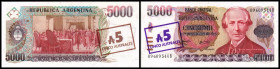 Währungsreform 1 Austral = 1000 Pesos Argentino, Provisorische Ausgabe, Aufdruck. Lot 2 Stück:5 Australes/5000 PArg. o.D.(1985) P-321. I