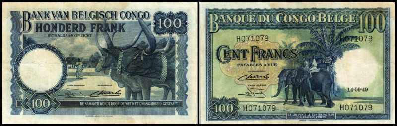 Banque du Congo Belge. 100 Francs 14.9.1949, P-17d, fleckig. III-