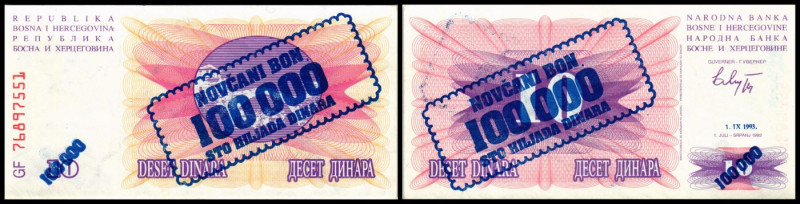 Rep. Nationalbank / Novcani Bon. Lot 2 Stück: 100.000 Din. 1.9.1993/10 Din.1992,...