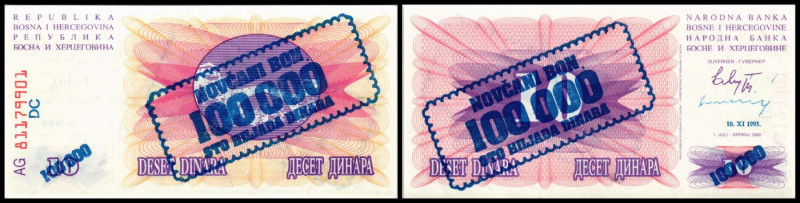 Lot 2 Stück: 100.000 Din. 10.11.1993/10 Din. 1992, 2 Sign., Aufdruck blau (B-212...