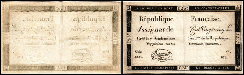 125 Francs 7.Vend. l'an 2e me Rep.(28.9.1793) P-A74. III-