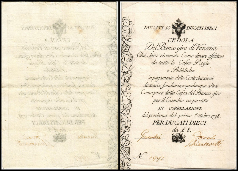 Lombardei-Venetien, Banco Giro di Venezia. 10 Dukaten 1.10.1798, Ri-500, PS-181....