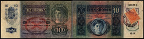 Finanzministerium, Provisorische Ausgaben des neuen Staates

Kronen-Ausgabe. 10 Kronen 1915(1919) P-1/6b (Ri-A1/A7) Kombination Aufdruck/Klmk. III//V