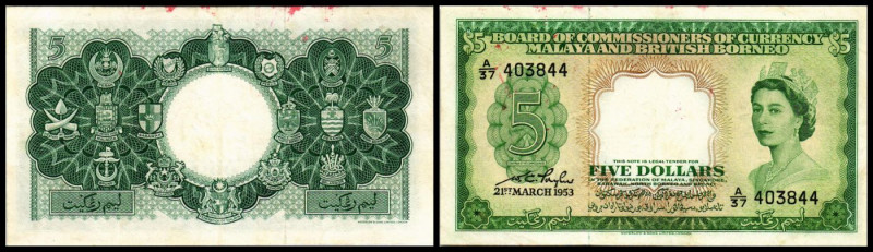 5 Dollars 21.3.1953, P-2, min. fleckig, kl. rote Farbflecken am oberen Rand. II/...