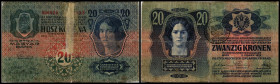 Abstempelung von österr.-ung. Kronenbanknoten (1919), "Timbru Special" auf dtsch. Seite (Bukowina). 20 K 1913, Ri 4, Rs. geklebt. III/IV